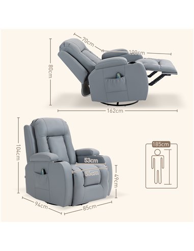 HOMCOM Massage Recliner Chair with 8 Vibration & Heat, PU Leather Recliner Armchair with Cup Holders and Side Pockets, Manual Re