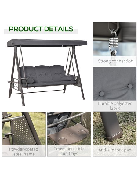 Outsunny 3 Seater Garden Swing Chair Outdoor Hammock Bench w/ Adjustable Canopy, Cushions and Cup Trays, Steel Frame, Dark Grey - pic 12164 | FastDaddyshop