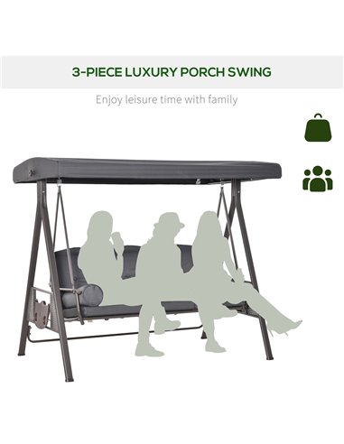 Outsunny 3 Seater Garden Swing Chair Outdoor Hammock Bench w/ Adjustable Canopy, Cushions and Cup Trays, Steel Frame, Dark Grey