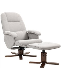 HOMCOM Linen Swivel Recliner Chair with Footstool, Upholstered Reclining Armchair with Wooden Base for Living Room, Light Grey