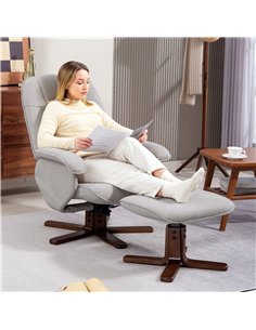 HOMCOM Linen Swivel Recliner Chair with Footstool, Upholstered Reclining Armchair with Wooden Base for Living Room, Light Grey 2