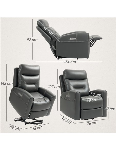 HOMCOM Power Lift Recliner Chair for Elderly, Overstuffed Faux Leather Riser and Reclining Chair with USB A+C Ports, Remote Cont - pic 121676 | FastDaddyshop