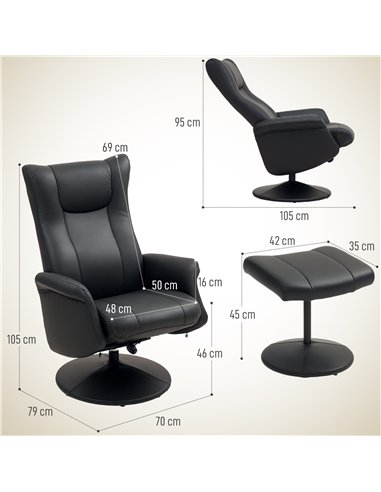 HOMCOM Swivel Recliner Chair with Footstool, PU Leather Recliner Armchair with Adjustable Back and Steel Frame, Reclining Chair 