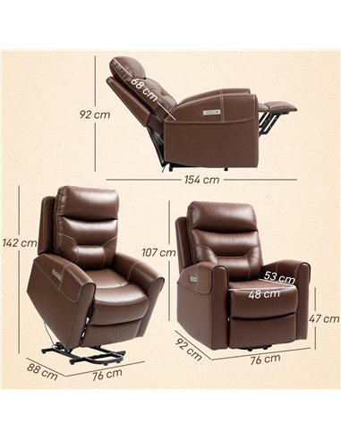 HOMCOM Power Lift Recliner Chair for Elderly, Overstuffed Faux Leather Riser and Reclining Chair with USB A+C Ports, Remote Cont