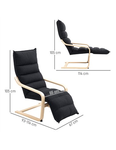 HOMCOM Birch Wood Lounge Chair, Upholstered Recliner Lounge Seat with Adjustable Footrest, Modern Armchair for Living Room, Bedr