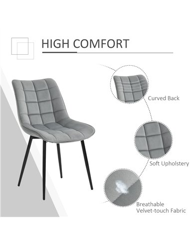 HOMCOM Upholstered Dining Chair Lounge Chair Soft Set of 2 Velvet-Touch Kitchen Reception Living Room Chair with Metal Legs, Gre
