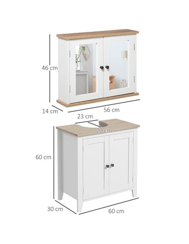 kleankin Bathroom Furniture Set, Mirror Cabinet Wall Mounted with Adjustable Shelf, Bathroom Sink Cabinet with Storage, White an