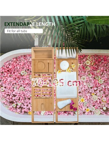 HOMCOM Extendable Bamboo Bathtub Shelf Rack Bath Caddy Tray Bathroom Storage, Set of 2