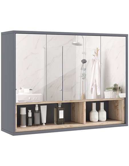 HOMCOM Bathroom Mirror Cabinet, Wall Mounted Bathroom Cabinet with Mirror, 3 Doors and Cupboards, Grey - pic 121845 | FastDaddyshop