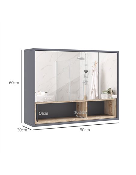 HOMCOM Bathroom Mirror Cabinet, Wall Mounted Bathroom Cabinet with Mirror, 3 Doors and Cupboards, Grey - pic 121847 | FastDaddyshop