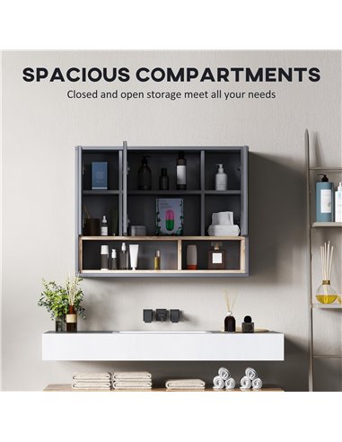 HOMCOM Bathroom Mirror Cabinet, Wall Mounted Bathroom Cabinet with Mirror, 3 Doors and Cupboards, Grey