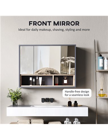 HOMCOM Bathroom Mirror Cabinet, Wall Mounted Bathroom Cabinet with Mirror, 3 Doors and Cupboards, Grey