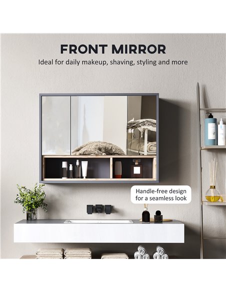 HOMCOM Bathroom Mirror Cabinet, Wall Mounted Bathroom Cabinet with Mirror, 3 Doors and Cupboards, Grey - pic 121849 | FastDaddyshop