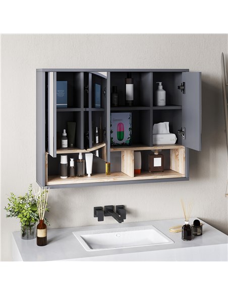 HOMCOM Bathroom Mirror Cabinet, Wall Mounted Bathroom Cabinet with Mirror, 3 Doors and Cupboards, Grey - pic 121852 | FastDaddyshop