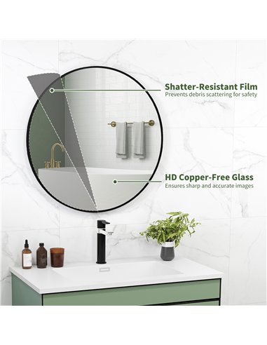 HOMCOM Round Bathroom Mirror, 70 x 70cm Steel Framed Wall Mirror, Decorative Mirror for Bedroom, Living Room, Entryway, Black