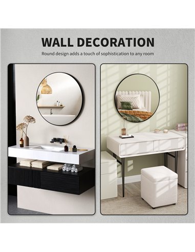 HOMCOM Round Bathroom Mirror, 70 x 70cm Steel Framed Wall Mirror, Decorative Mirror for Bedroom, Living Room, Entryway, Black