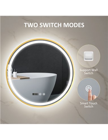 HOMCOM 60cm Anti-Fog LED Bathroom Mirror - Gold Tone