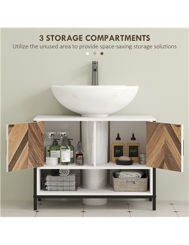 HOMCOM Under Sink Bathroom Cabinet, Rustic Under Sink Cabinet with Herringbone Doors and Open Compartment for Basin with or with