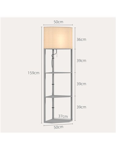 HOMCOM Corner Floor Lamp with Shelves, Tall Standing Lamps for Living Room, with Pull Chain Switch Bulb not Included, Grey