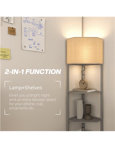 HOMCOM Corner Floor Lamp with Shelves, Tall Standing Lamps for Living Room, with Pull Chain Switch Bulb not Included, Grey