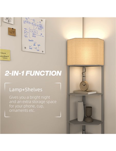 HOMCOM Corner Floor Lamp with Shelves, Tall Standing Lamps for Living Room, with Pull Chain Switch Bulb not Included, Grey - pic 122073 | FastDaddyshop