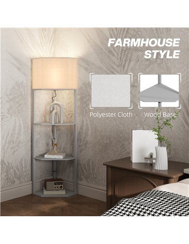 HOMCOM Corner Floor Lamp with Shelves, Tall Standing Lamps for Living Room, with Pull Chain Switch Bulb not Included, Grey
