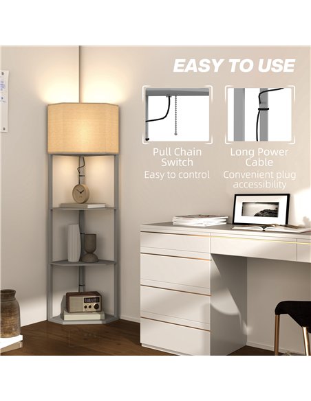 HOMCOM Corner Floor Lamp with Shelves, Tall Standing Lamps for Living Room, with Pull Chain Switch Bulb not Included, Grey - pic 122075 | FastDaddyshop