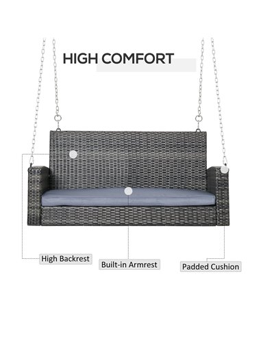 Outsunny 2 Seater Patio Rattan Swing Chair Hanging Chair Garden Loveseat Bench with Paddded Cushion
