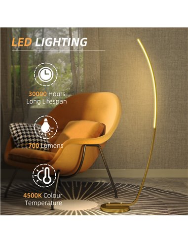 HOMCOM Modern 147cm Curved LED Floor Lamp - Gold Tone