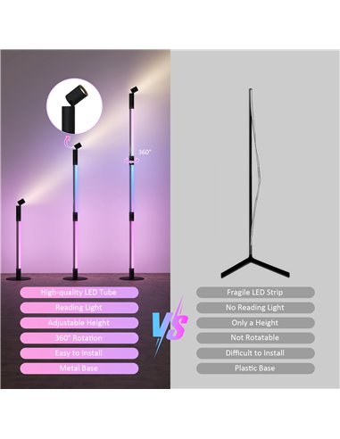 HOMCOM LED Floor Lamp with Reading Light, 360° RGB Detachable Corner Floor Lamp with App & Remote Control, Standing Lamp with Mu