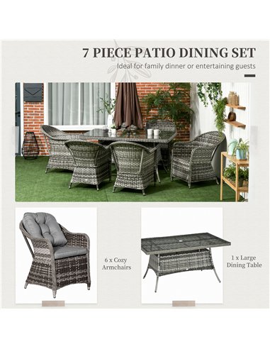 Outsunny 6 Seater Rattan Dining Set with Seat and Back Cushions, PE Rattan Garden Furniture Set, Outdoor Dining Table and Chairs