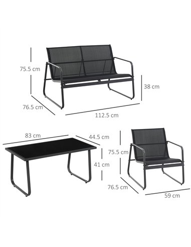 Outsunny 4 Piece Garden Furniture Set Outdoor Patio Sofa Set with Double Chair, Single Chairs and Glass Top Table for Terrace an
