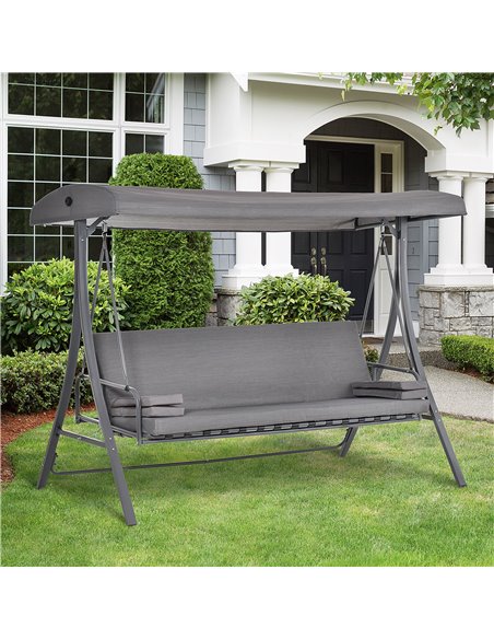 Outsunny Outdoor 2-in-1 Patio Swing Chair Lounger 3 Seater Garden Bench Hammock Bed Adjustable Canopy W/ Cushion, Pillow, Grey - pic 12213 | FastDaddyshop