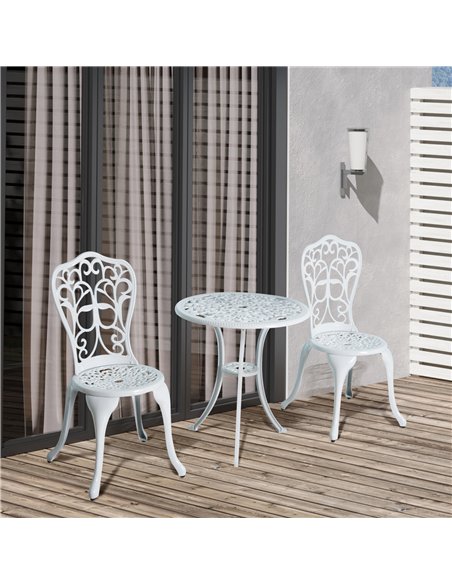 Outsunny 3 Pieces Antique Garden Bistro Set for 2, Cast Aluminium Garden Furniture Set with Umbrella Hole, White - pic 122134 | FastDaddyshop
