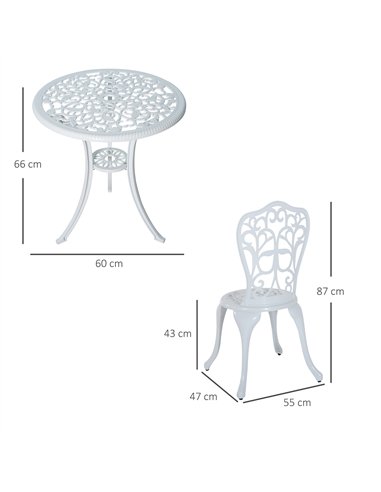 Outsunny 3 Pieces Antique Garden Bistro Set for 2, Cast Aluminium Garden Furniture Set with Umbrella Hole, White