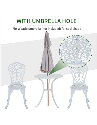 Outsunny 3 Pieces Antique Garden Bistro Set for 2, Cast Aluminium Garden Furniture Set with Umbrella Hole, White