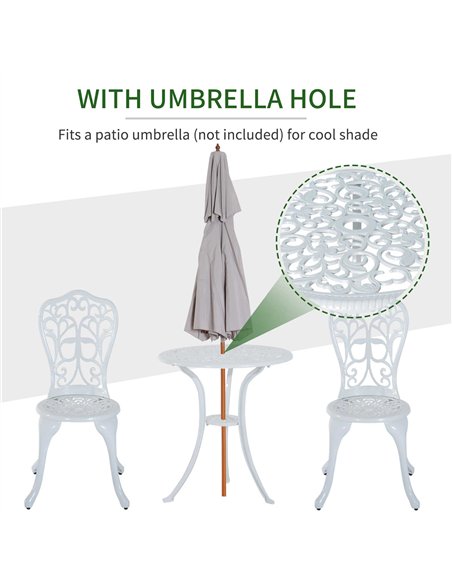 Outsunny 3 Pieces Antique Garden Bistro Set for 2, Cast Aluminium Garden Furniture Set with Umbrella Hole, White - pic 122136 | FastDaddyshop