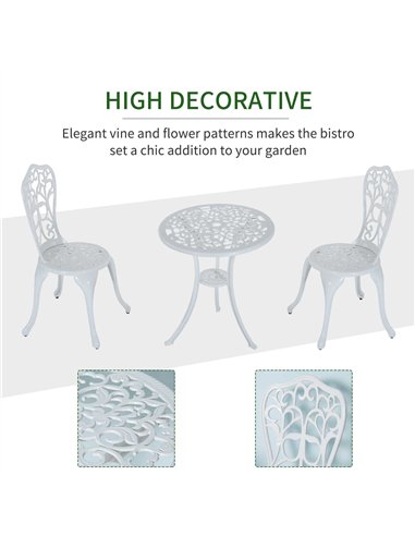 Outsunny 3 Pieces Antique Garden Bistro Set for 2, Cast Aluminium Garden Furniture Set with Umbrella Hole, White