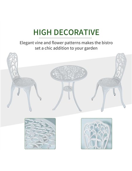 Outsunny 3 Pieces Antique Garden Bistro Set for 2, Cast Aluminium Garden Furniture Set with Umbrella Hole, White - pic 122137 | FastDaddyshop