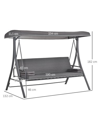 Outsunny Outdoor 2-in-1 Patio Swing Chair Lounger 3 Seater Garden Bench Hammock Bed Adjustable Canopy W/ Cushion, Pillow, Grey