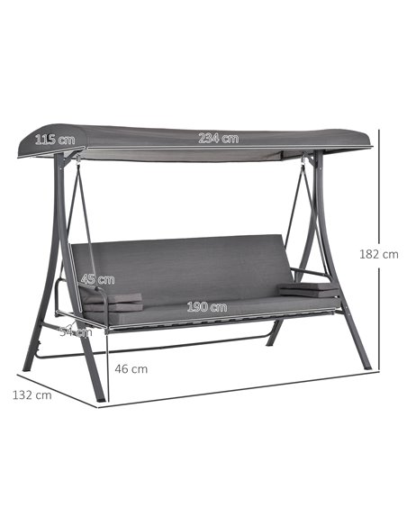 Outsunny Outdoor 2-in-1 Patio Swing Chair Lounger 3 Seater Garden Bench Hammock Bed Adjustable Canopy W/ Cushion, Pillow, Grey - pic 12214 | FastDaddyshop