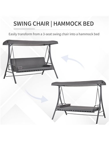 Outsunny Outdoor 2-in-1 Patio Swing Chair Lounger 3 Seater Garden Bench Hammock Bed Adjustable Canopy W/ Cushion, Pillow, Grey