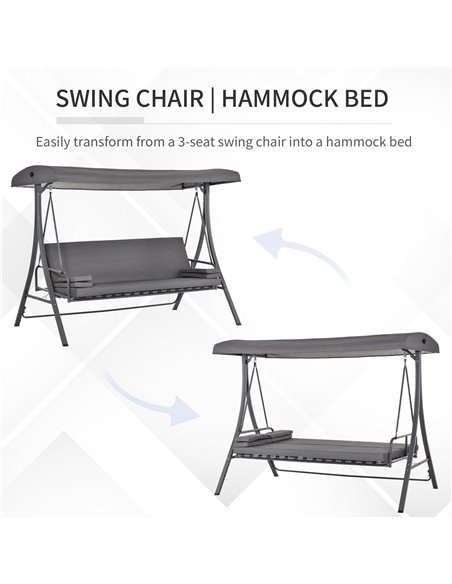 Outsunny Outdoor 2-in-1 Patio Swing Chair Lounger 3 Seater Garden Bench Hammock Bed Adjustable Canopy W/ Cushion, Pillow, Grey - pic 12215 | FastDaddyshop