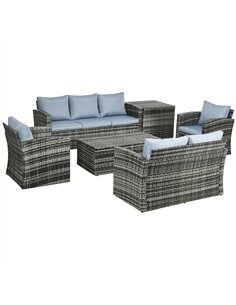 Outsunny 6 Pieces Rattan Garden Furniture Set, 7 Seater Wicker Outdoor Furniture Set with Storage Tea Table & Side Table, Sectio