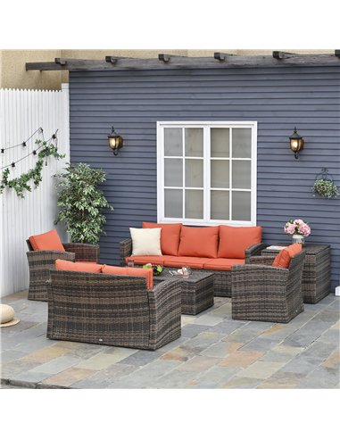 Outsunny 6 Pieces Rattan Garden Furniture Set, 7 Seater Wicker Outdoor Furniture Set with Storage Tea Table & Side Table, Sectio