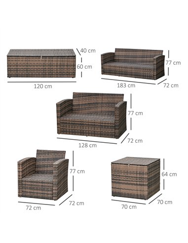 Outsunny 6 Pieces Rattan Garden Furniture Set, 7 Seater Wicker Outdoor Furniture Set with Storage Tea Table & Side Table, Sectio