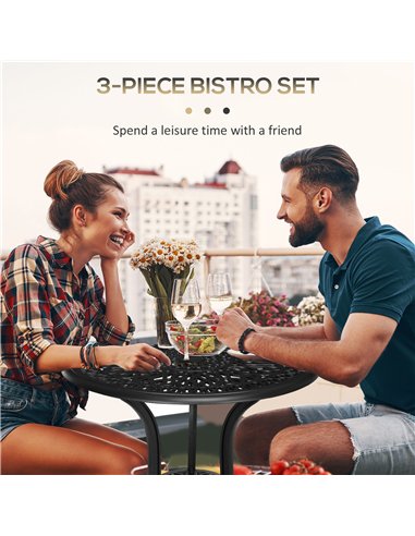 Outsunny 3 Piece Garden Bistro Set, Cast Aluminium Outdoor Furniture Set with Umbrella Hole for Balcony, Porch, Patio, Black