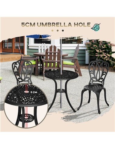 Outsunny 3 Piece Garden Bistro Set, Cast Aluminium Outdoor Furniture Set with Umbrella Hole for Balcony, Porch, Patio, Black