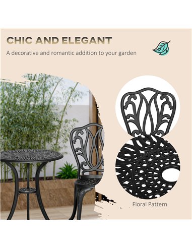 Outsunny 3 Piece Garden Bistro Set, Cast Aluminium Outdoor Furniture Set with Umbrella Hole for Balcony, Porch, Patio, Black