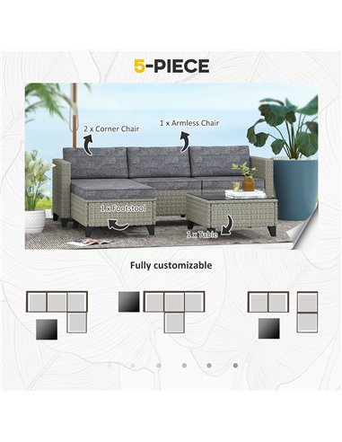 Outsunny 5-Piece Rattan Patio Furniture Set with Corner Sofa, Footstools, Coffee Table, for Poolside, Dark Grey